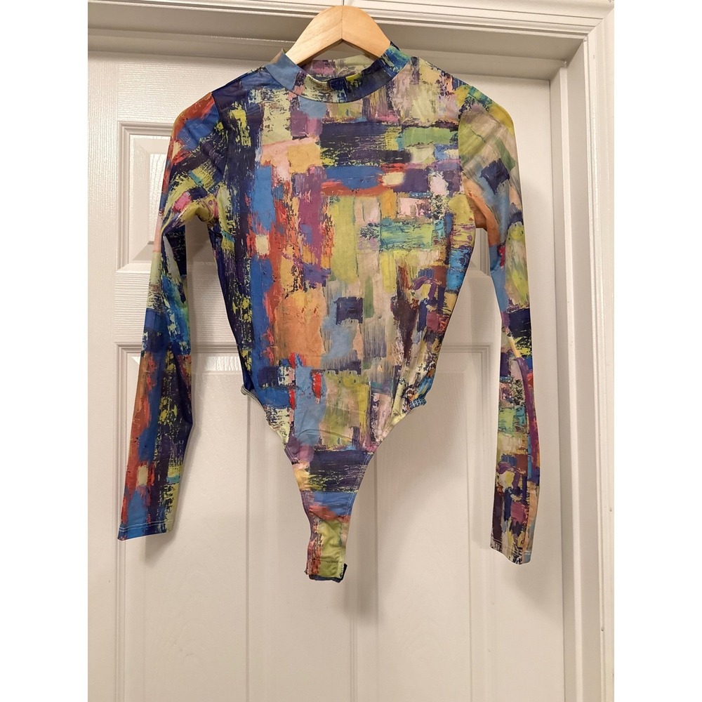 AKIRA Bodysuit Women Small Multi-Color Abstract Oil Painting Mesh Mock Neck